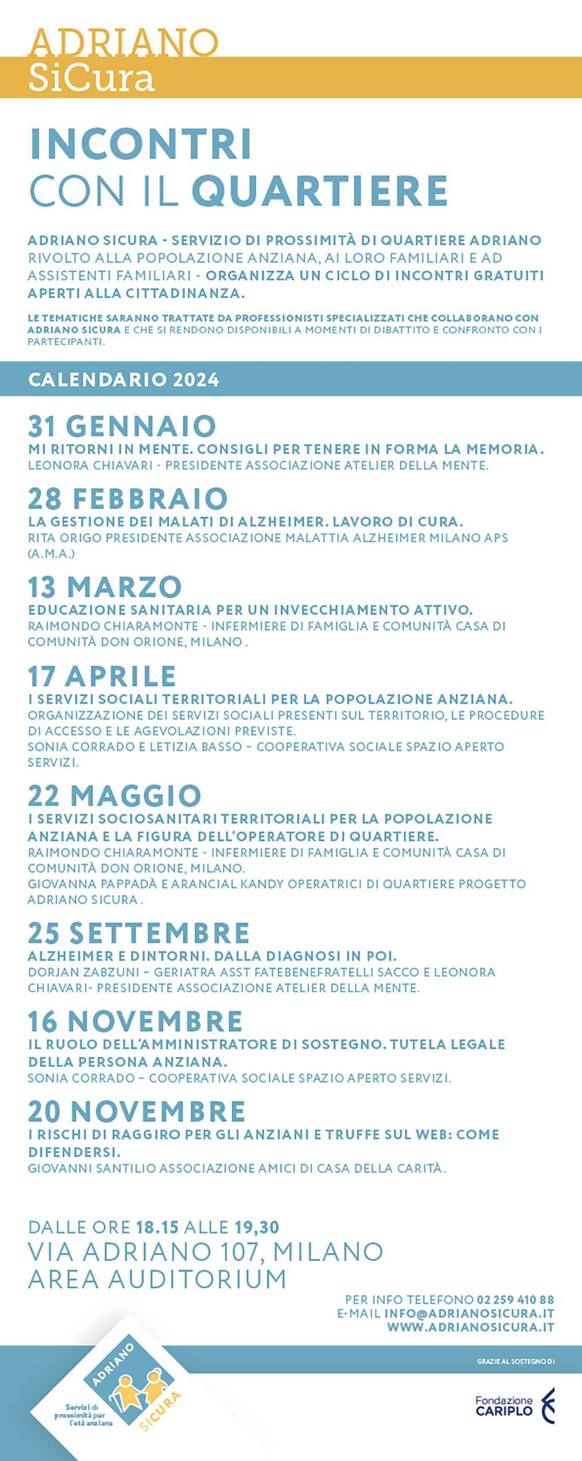 A.M.A. Milano - Ciclo di incontri gratuiti socio - sanitari presso Auditorium Adriano Community Center